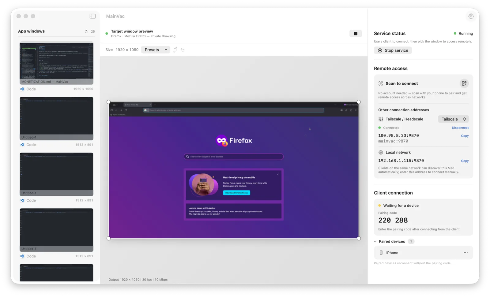 MainVac on the computer: window list, live preview with crop handles, and connection panel